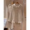 Conjunto de Pijama Feminino Estilo Coreano com Gola de Renda, Estampa Xadrez, Algodão Puro, Manga Longa e Calça Longa - Novidades de Outono, Conjunto para Casa, Adequado para Usar Fora