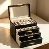 Caja de joyería de alta gama de gran capacidad con tres cajones y tapa abatible con ventana, caja de almacenamiento de joyería para collares, pulseras, anillos, caja a prueba de polvo
