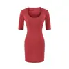 Vestido de Color Sólido con Cuello en U y Mangas Medias para Mujer, Vintage Sexy Elástico Ajustado, Ropa Exterior Hot Girl Deseo Puro, Vestido Corto Bodycon