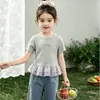Camiseta de Manga Corta para Niña Ropa de Verano Camisa Base Elegante de Encaje Patchwork para Niños Top Casual de Bebé Niña Verano