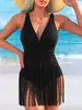 Dropshipping desde almacén en el extranjero: Conjunto de traje de baño sexy de color liso para mujer, transfronterizo europeo y americano, con borlas suaves, disponible en una pieza