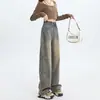 Jeans Vintage de Cintura Alta com Barra Larga Feminino Outono e Inverno 2024 Novo Estilo Americano Calça Reta Solta Emagrecedora