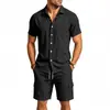 Conjunto de Camisa de Linho de Manga Curta Masculina Europeu e Americano Transfronteiriço, Conjunto Casual Solto de Verão com Camisa Cardigan Lapela e Shorts Atacado