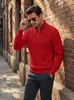 Suéter de punto de manga larga a rayas con textura de gofre para hombre, para primavera y otoño, con media cremallera y cuello alto, sudadera estilo americano