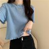 Suéter de gola redonda e manga curta estilo coreano 2023 novo estilo design de orelha de madeira corte slim pulôver cor sólida blusa básica