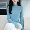 Suéter 100% lã pura Yangzi lavável à máquina para mulheres, gola semi-alta, caimento justo, suéter fino com tricô texturizado, peça de base