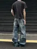 Venta al por mayor de fábrica Jeans Retro Americano con Patrón Ondulado Rasgados Pierna Curva Marca Trendy para Hombre Pantalones Anchos Holgados Estilizadores de Piernas de Largo hasta el Suelo