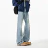Calça jeans flare lavada estilo americano azul gelo para homens, calça reta versátil de alta costura para primavera, calça comprida da moda para adolescentes