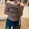 Suéter Listrado Europeu e Americano de Nova Moda, Ombro a Ombro, Slimming, Casual, Tricô Básico Jr2531