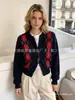 Nuevo Cárdigan de Punto para Mujer Otoño Estilo Retro Francés con Patrón de Diamantes y Cuello Solapa, Abrigo Suéter de Cachemira Holgado con Jacquard de Color Contrastante