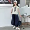 Pañuelo de Seda de Verano para Niñas Decoración Casual Solapa Conjunto de Dos Piezas 2026 Nuevo Conjunto Casual de Pantalones Anchos de Manga Corta para Niños