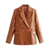 Blazer Feminino Vintage de Couro PU de Botão Duplo com Botões Metálicos, Jaqueta Elegante de Couro Sintético para Comércio Transfronteiriço