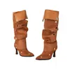 Talla 34-48 Transfronteriza Talla Grande Botas de Mujer Otoño e Invierno Punta Fina Caña Alta Botas Martin Suela de Goma Suave Mujer Tacón de Aguja Estilo Europeo y Americano Color Sólido