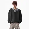 Suéter Falso de Dos Piezas Estilo Old Money para Hombre Otoño/Invierno Marca de Tendencia Engrosado Cálido Cuello Chal Tejido Grueso Camisa de Pareja Chaqueta