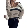 Loja independente do eBay feminina outono e primavera europeia e americana gola V bloco de cores blusa de tricô confortável para o dia a dia em estoque