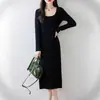 Vestido de Lana con Cuello en U Siping Long Transfronterizo para Mujer Otoño Invierno Ropa Interior Falda Plisada Suéter de Punto Base para Mujer