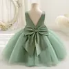 Vestido de Malla para Bebé Niña de Un Año Vestido de Princesa Cuello en V Lazo Vestido Abullonado Transfronterizo Festival Lujo Ligero de Alta Gama