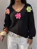 Suéter de malha pullover de fabricante europeu de origem para comércio exterior transfronteiriço com design floral tridimensional e color-blocking para mulheres, top estilo outono e inverno