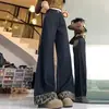 Jeans rectos de cuadros patchwork con puño, talla grande para mujer, holgados y estilizados, pantalones casuales de pierna ancha hasta el suelo