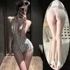 Lencería Sexy Escote Profundo Espalda Descubierta Estampado Rayado Abertura en la Entrepierna Body Ajustado Puro Deseo para Mujer Ropa de Casa