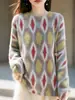 Outono/Inverno 2026 Novo Tricô de Lã Cashmere Gola Redonda Manga Longa Feminino Estampado Macio Escovado Fofo Suéter de Lã Top