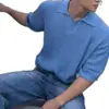 Atacado do fabricante camiseta masculina de verão de alta qualidade, respirável, com trama vazada, de manga curta, estilo coreano, gola dobrável, azul, versátil
