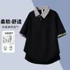 Camisa Polo Patchwork Xadrez Falsa de Duas Peças Masculina Cool Casual Manga Curta Verão Estilo College Camisa com Gola Reversível