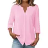 Camisa de Botones de Verano 2026 con Artículos Europeos de Amazon Transfronterizos, Camisa de Manga Tres Cuartos con Cuello en V, Top Casual Holgado de Moda