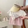 Traje Nuevo de Verano para Niña Bebé Gato Lindo de Dibujos Animados Cordón Mangas Cortas Más Falda Conjunto de Dos Piezas