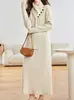 Vestido Jersey Bufanda de Botones con Cuello en V Estilo Francés, Nuevo Otoño e Invierno Holgado Talla Grande Largo de Punto Básico Transfronterizo