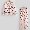 Pijama Feminino de Seda Sintética Tamanhos Médio e Grande Infantil Estampa de Corações Manga Longa Conjunto para Casa Venda Quente na Amazon Europeia e Americana