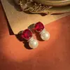Pendientes de Perla y Piedra Preciosa de Dos Tonos Rojo Púrpura de Segunda Mano Moda Suave Noble para el Día a Día y Citas