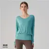 Cubierta de manga larga para yoga, cruzada, cuello en V, cordón doble, manga murciélago, hombros caídos, holgada, casual, adelgazante, deportiva, protectora del sol para mujer