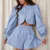Traje de Moda Nuevo para Mujer Transfronterizo Diseño de Cuello Redondo y Manga Larga Top Cardigan Pantalones Cortos de Pierna Ancha Conjunto Casual de Dos Piezas