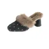 Novedad Otoño/Invierno Diadema de Piel de Lunares Medias Zapatillas Puntiagudas Tacón Grueso Tacones Altos Para Uso en Exteriores Forro de Felpa Zapatos de Moda Talla Grande para Mujer