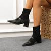 Botas Femininas de Outono e Inverno Novas Retro Bico Fino Tira com Fivela Salto Grosso Moda Botas Curtas de Camurça Costura Zíper nas Costas
