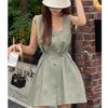Mono Corto Elegante Simple de Verano Coreano Chic Reductor de Edad Diseño Retro de Nicho Cuello Cuadrado Dobladillo Ancho para Mujer