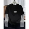 Camiseta de manga larga de algodón puro para mujer, diseño patchwork a rayas de dos piezas falsas, moderna y elegante, top gris versátil, capa base para otoño