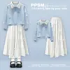 Conjunto de Duas Peças para Meninas - Estilo Novo Primavera e Outono - Crianças Médias e Grandes - Doce Fofo Laço Gola Polo Moletom Saia Fashion