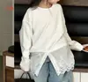 Camiseta Patchwork de Renda de Algodão Puro Feminina, Camiseta Básica de Manga Longa com Gola Redonda Infantil, Estilo Primavera e Outono, Estilo Pai e Filho, Classe A