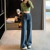 Jeans Americano Alto Elástico Solto Perna Larga Feminino Primavera e Outono Cintura Alta Emagrecimento Boca de Sino Azul Retrô Calças Mop