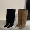 Botas Country Western de Salto Alto Bico Fino Retrô 2026 Novo Estilo Elegantes da Moda Afinando Panturrilha Ampla Botas de Camurça Franzidas