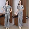Moda Verão Nova Conjunto de Terno Listrado Manga Curta Feminino Tops que Reduzem a Idade Emagrecedores Calças Largas de Manga Curta Chinesas Conjunto de Duas Peças