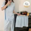 Pijama de tres piezas de algodón nube para mujer, verano, manga corta, dulce, de alta gama, simple, casual, ropa de casa, conjunto fino