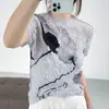 Camiseta de Manga Corta Redonda Estilo Miyake Estéreo Pintura al Óleo Floral Pleats de Alta Elasticidad Anti-Arrugas Corte Delgado Top Versátil para Mujer