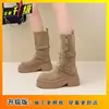 Botas de Suela Plana Delgadas, Cómodas y Casuales para Mujer 2025 Otoño e Invierno Nuevo Estilo Celebridad de Internet Estilo Británico Botas de Media Pantorrilla para Mujer