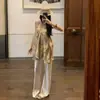 Novo Top Regata com Gola Halter Estampa de Leopardo Irregular Estilo Coreano Moda Verão Feminina Calça Casual Calça de Barra Reta Conjunto de Duas Peças