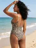 Moda Europea y Americana Nuevo Traje de Baño de una Pieza Ajustado Sexy sin Espalda Estampado de Leopardo Body con Tira Controladora de Abdomen Mono para Mujer