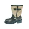 Couro de Vaca + Superfície de Tecido Botas Femininas de Salto Grosso com Cadarço e Fivela Bloco de Cores Meio da Panturrilha Chegada Nova Outono