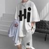 Traje Casual Waffle para Hombre Verano Estilo Hong Kong Ropa Holgada Estampada con Pantalones Cortos Conjunto de Dos Piezas Moderno y a la Moda